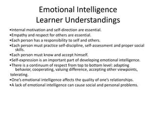 Emotional Intelligence
Learner Understandings
•Internal motivation and self-direction are essential.
•Empathy and respect for others are essential.
•Each person has a responsibility to self and others.
•Each person must practice self-discipline, self-assessment and proper social
skills.
•Each person must know and accept himself.
•Self-expression is an important part of developing emotional intelligence.
•There is a continuum of respect from top to bottom level: adapting
behavior, cooperating, valuing difference, accepting other viewpoints,
tolerating.
•One’s emotional intelligence affects the quality of one’s relationships.
•A lack of emotional intelligence can cause social and personal problems.

 