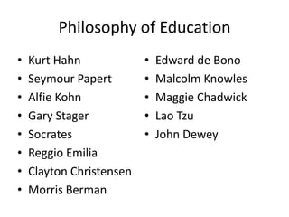 Philosophy of Education
•
•
•
•
•
•
•
•

Kurt Hahn
Seymour Papert
Alfie Kohn
Gary Stager
Socrates
Reggio Emilia
Clayton Christensen
Morris Berman

•
•
•
•
•

Edward de Bono
Malcolm Knowles
Maggie Chadwick
Lao Tzu
John Dewey

 
