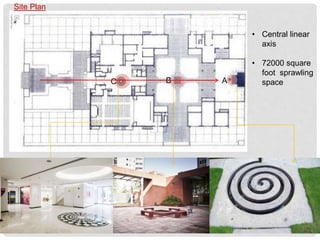 Site Plan
ABC
• Central linear
axis
• 72000 square
foot sprawling
space
 