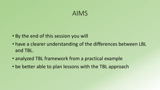 AIMS 
• By the end of this session you will 
• have a clearer understanding of the differences between LBL 
and TBL. 
• analyzed TBL framework from a practical example 
• be better able to plan lessons with the TBL approach 
 