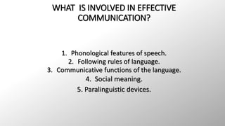 WHAT IS INVOLVED IN EFFECTIVE 
COMMUNICATION? 
1. Phonological features of speech. 
2. Following rules of language. 
3. Communicative functions of the language. 
4. Social meaning. 
5. Paralinguistic devices. 
 