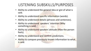 LISTENING SUBSKILLS/PURPOSES 
• Ability to understand the general idea or gist of what is 
said. 
• Ability to understand specific information (words). 
• Ability to understand details (phrases and sentences). 
• Ability to understand speakers´ intention (Why 
something is said). 
• Ability to understand speakers´attitude (How the person 
feels). 
• Ability to understand and confirm predictions. 
• Ability to compare previously known information to what 
is said. 
 