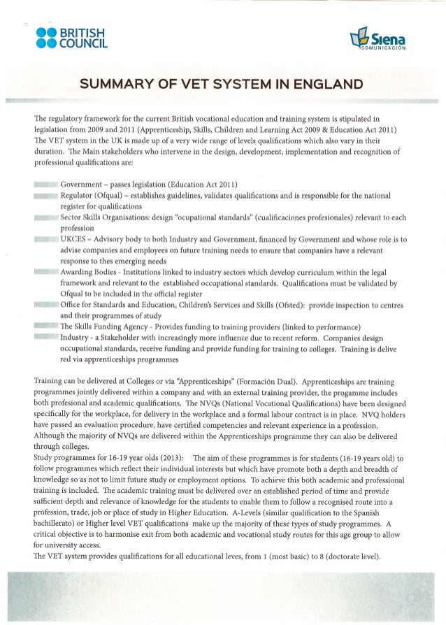 British council summary of vet system in englang