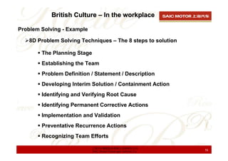 British Culture – In the workplace

Problem Solving - Example

    8D Problem Solving Techniques – The 8 steps to solution

        The Planning Stage
        Establishing the Team
        Problem Definition / Statement / Description
        Developing Interim Solution / Containment Action
        Identifying and Verifying Root Cause
        Identifying Permanent Corrective Actions
        Implementation and Validation
        Preventative Recurrence Actions
        Recognizing Team Efforts

                            上海汽车集团股份有限公司乘用车公司
                            SAIC Motor Passenger Vehicle Co.   58
 