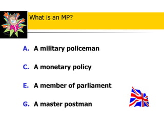 A military policeman A monetary policy A member of parliament A master postman What is an MP? 