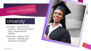University
ADD A FOOTER
17
Lectures – more than 50
students – 90 mins to 2 hours
long – broad theories -
debates
Seminars – groups of 20
students – small groups –
discussion of lectures.
 