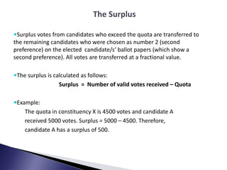 The Surplus
Surplus votes from candidates who exceed the quota are transferred to
the remaining candidates who were chose...