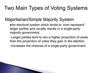 Two Main Types of Voting Systems
Majoritarian/Simple Majority System
An electoral system which tends to ‘over-represent’
...