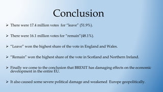 Conclusion
 There were 17.4 million votes for “leave” (51.9%).
 There were 16.1 million votes for “remain”(48.1%).
 “Leave” won the highest share of the vote in England and Wales.
 “Remain” won the highest share of the vote in Scotland and Northern Ireland.
 Finally we come to the conclusion that BREXIT has damaging effects on the economic
development in the entire EU.
 It also caused some severe political damage and weakened Europe geopolitically.
 
