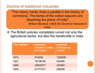 Decline of traditional industries
"The misery hardly finds a parallel in the history of
commerce. The bones of the cotton weavers are
bleaching the plains of India"
William Bentinck (1834-35) Governor General of
India,
 The British policies completely ruined not only the
agricultural sector, but also the handicrafts in India.
Year Textiles imported
Textiles to India
(in Yards) *
exported
to Britain (in
Yards)*
1814 818208 1266608
1821 19138726 534495
1828 42822077 422504
1835 51777277 306066
 
