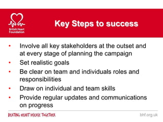 Key Steps to success

•   Involve all key stakeholders at the outset and
    at every stage of planning the campaign
•   Set realistic goals
•   Be clear on team and individuals roles and
    responsibilities
•   Draw on individual and team skills
•   Provide regular updates and communications
    on progress
 
