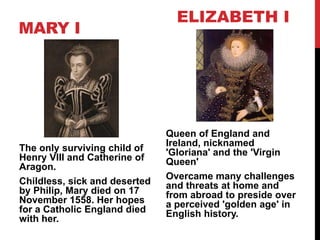 MARY I
The only surviving child of
Henry VIII and Catherine of
Aragon.
Childless, sick and deserted
by Philip, Mary died on 17
November 1558. Her hopes
for a Catholic England died
with her.
Queen of England and
Ireland, nicknamed
'Gloriana' and the 'Virgin
Queen'
Overcame many challenges
and threats at home and
from abroad to preside over
a perceived 'golden age' in
English history.
ELIZABETH I
 