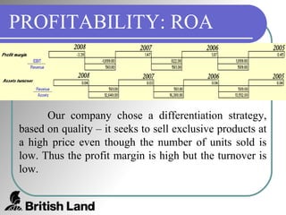 PROFITABILITY: ROA Our company chose a differentiation strategy, based on quality – it seeks to sell exclusive products at a high price even though the number of units sold is low. Thus the profit margin is high but the turnover is low. 
