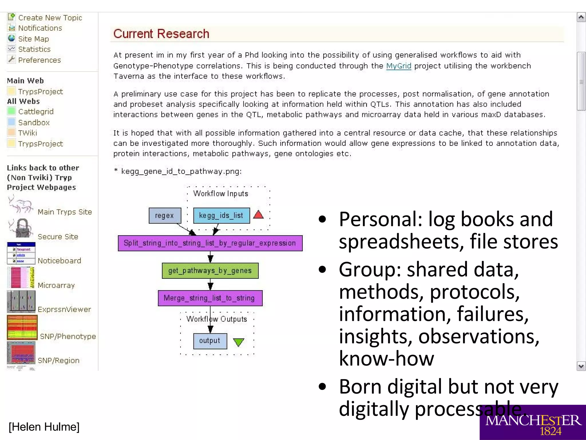 Personal: log books and spreadsheets, file stores Group: shared data, methods, protocols, information, failures, insights, observations, know-how Born digital but not very digitally processable. [Helen Hulme] 