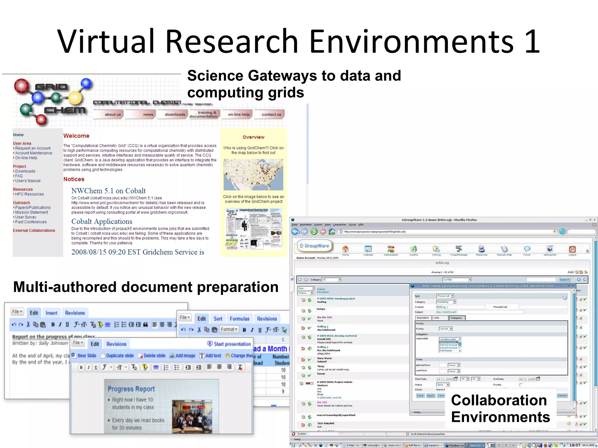 Virtual Research Environments 1 Collaboration Environments Science Gateways to data and computing grids Multi-authored document preparation 