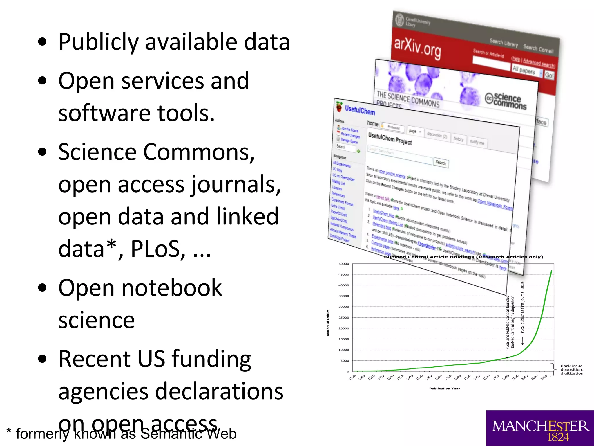 Publicly available data  Open services and software tools.  Science Commons, open access journals, open data and linked data*, PLoS, ...  Open notebook science Recent US funding agencies declarations on open access  * formerly known as Semantic Web 