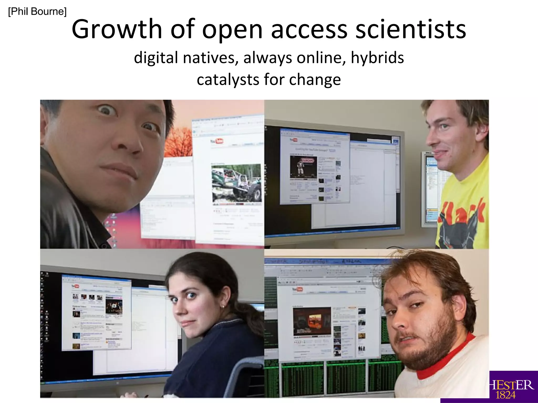 Growth of open access scientists digital natives, always online, hybrids catalysts for change [Phil Bourne] 