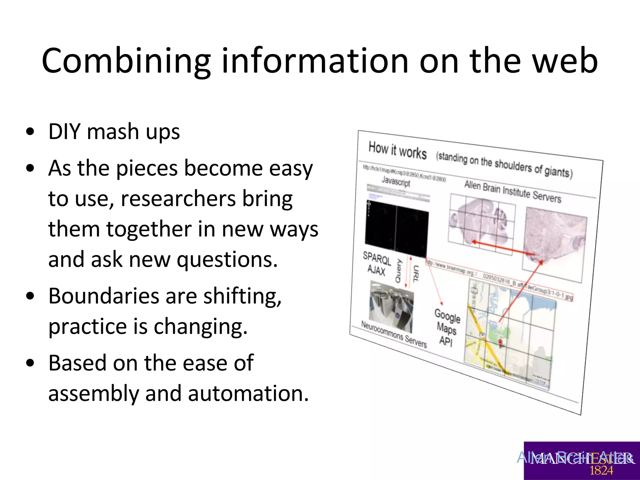 Combining information on the web DIY mash ups As the pieces become easy to use, researchers bring them together in new ways and ask new questions. Boundaries are shifting, practice is changing. Based on the ease of assembly and automation. Allen Brain Atlas 