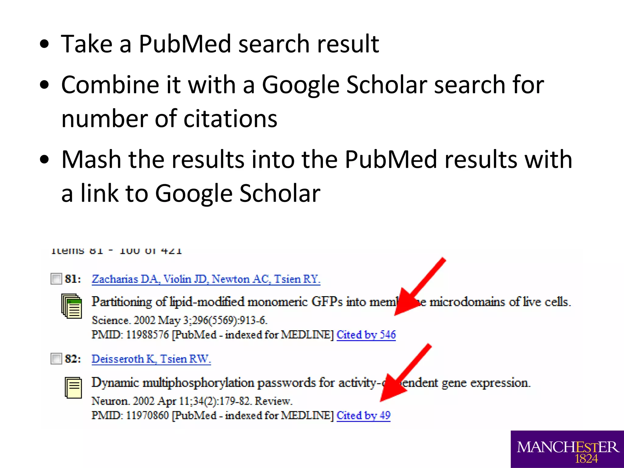Take a PubMed search result Combine it with a Google Scholar search for number of citations Mash the results into the PubMed results with a link to Google Scholar 