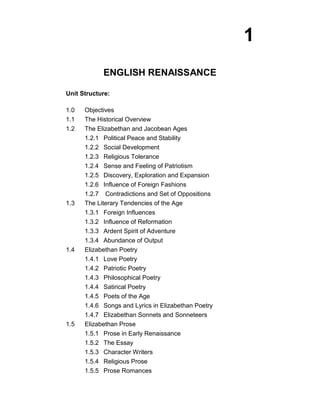 1
            ENGLISH RENAISSANCE

Unit Structure:

1.0   Objectives
1.1   The Historical Overview
1.2   The Elizabethan and Jacobean Ages
      1.2.1 Political Peace and Stability
      1.2.2 Social Development
      1.2.3 Religious Tolerance
      1.2.4 Sense and Feeling of Patriotism
      1.2.5 Discovery, Exploration and Expansion
      1.2.6 Influence of Foreign Fashions
      1.2.7 Contradictions and Set of Oppositions
1.3   The Literary Tendencies of the Age
      1.3.1 Foreign Influences
      1.3.2 Influence of Reformation
      1.3.3 Ardent Spirit of Adventure
      1.3.4 Abundance of Output
1.4   Elizabethan Poetry
      1.4.1 Love Poetry
      1.4.2 Patriotic Poetry
      1.4.3 Philosophical Poetry
      1.4.4 Satirical Poetry
      1.4.5 Poets of the Age
      1.4.6 Songs and Lyrics in Elizabethan Poetry
      1.4.7 Elizabethan Sonnets and Sonneteers
1.5   Elizabethan Prose
      1.5.1 Prose in Early Renaissance
      1.5.2 The Essay
      1.5.3 Character Writers
      1.5.4 Religious Prose
      1.5.5 Prose Romances
 