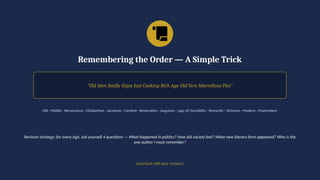 Remembering the Order — A Simple Trick
“Old Men Really Enjoy Just Cooking Rich Age-Old Very Marvellous Pies”
Old · Middle · Renaissance · Elizabethan · Jacobean · Caroline · Restoration · Augustan · (age of) Sensibility · Romantic · Victorian · Modern · Postmodern
Revision strategy: for every Age, ask yourself 4 questions — What happened in politics? How did society feel? What new literary form appeared? Who is the
one author I must remember?
Good luck with your revision!
 
