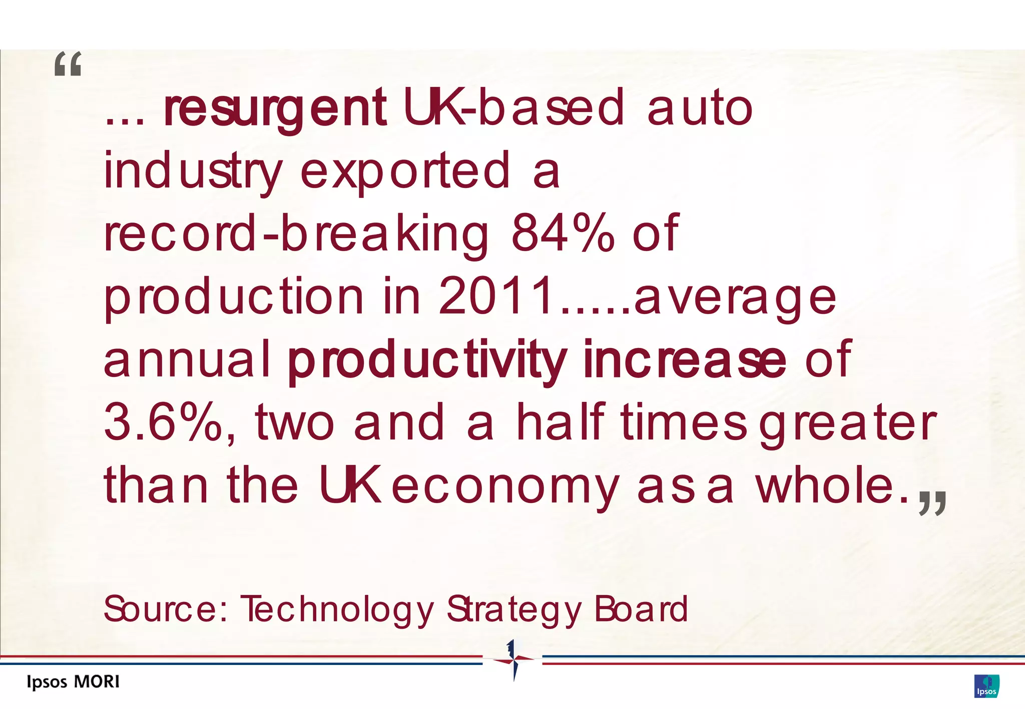 “ ... resurgent UK-based auto
  industry exported a
  rec ord-breaking 84% of
  produc tion in 2011.....average
  annual produc tivity inc rease of
  3.6%, two and a half times greater
  than the UK ec onomy as a whole.
                                      ”
  Sourc e: T hnology Strategy Board
            ec
 