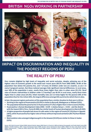 THE CONTRIBUTION OF BRITISH NGOs TO TACKLING POVERTY AND INEQUALITY IN PERU



        BRITISH NGOs WORKING IN PARTNERSHIP




 Alejandro Balaguer, Save the Children.                                                        Phil Borges, CARE.




IMPACT ON DISCRIMINATIONAND INEQUALITY IN IN
  IMPACT ON DISCRIMINATION
                           AND INEQUALITY
         THE POOREST REGIONS OF PERU
       THE POOREST REGIONS OF PERU
                                          THE REALITY OF PERU
 Peru remains blighted by high levels of inequality and social exclusion, despite achieving one of the
 highest rates of economic growth in the world over recent years (60.2% from 2002-2009). 34.8% of the
 population lives below the poverty line, and 7 of every 10 children under one are anaemic, as are 1 in
 every 4 pregnant women. But these national averages hide significant internal differences. In rural areas,
 over 60% of the population is poor, nearly three times higher than rates in urban areas (21.1%). Rural
 rates of chronic malnutrition in children under 5 (“stunting”) are 40.3% in rural areas, nearly three times
 higher than in urban areas (14.2%). Infant mortality rates are 5.3 times higher for the poorest 20% of the
 population than for the richest 20%, the largest difference amongst 58 countries for which there is data.
 In fact, the poorest regions and sectors of the population face a similar situation to that seen in Africa:
 • Stunting in the region of Huancavelica (53.6%) is similar to Burundi, Madagascar or Malawi (53%).
 • The population below the poverty line in Huancavelica (77.2%) is higher than in Sierra Leone (70.6%).
 • Huancavelica´s Human Development Index (HDI) - 0.539 - is below Kenya´s - 0.541 - and the district
    with the lowest HDI in Peru, Yurúa (0.440), has similar levels of human development to Liberia (0.442).
 • A higher proportion of people lack access to safe water in the region of Loreto (37.2%) than in Uganda
    (36%), while Huancavelica has higher rates of those without improved sanitation (40.7%) than Malawi
    (40%).
 • Matriculation rates amongst indigenous girls in the Amazon (52.6%) are similar to those in Sudan
    (52%).

 Sources: IMF World Economic Outlook (2009), National Statistics Agency (INEI) Report on Poverty to 2009 and National Demographic and Family Health Survey 2009
 (ENDES), UN MDG Database, UNDP Human Development Report (2009) and Peru Human Development Report (2009), UNICEF The State of the World's Children
 (2009), Vandemoortele, J. Taking the MDGs beyond 2015: Hasten slowly (2009), Vasquéz, Chumpitaz & Jara: Indigenous Children in Peru (CARE Peru, Save the
 Children, et al)
 