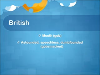 British
               Mouth (gob)

    Astounded, speechless, dumbfounded
               (gobsmacked)
 