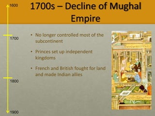 1600
1900
1700
1800
1700s – Decline of Mughal
Empire
• No longer controlled most of the
subcontinent
• Princes set up independent
kingdoms
• French and British fought for land
and made Indian allies
 