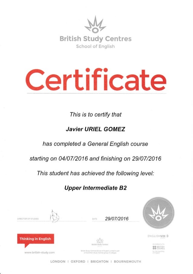 British Study Centres Certificate