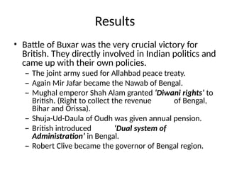 Results
• Battle of Buxar was the very crucial victory for
British. They directly involved in Indian politics and
came up with their own policies.
– The joint army sued for Allahbad peace treaty.
– Again Mir Jafar became the Nawab of Bengal.
– Mughal emperor Shah Alam granted ‘Diwani rights’ to
British. (Right to collect the revenue of Bengal,
Bihar and Orissa).
– Shuja-Ud-Daula of Oudh was given annual pension.
– British introduced ‘Dual system of
Administration’ in Bengal.
– Robert Clive became the governor of Bengal region.
 