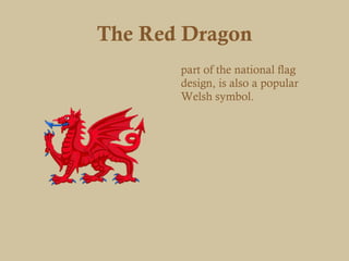 The Red Dragon
       part of the national flag
       design, is also a popular
       Welsh symbol.
 