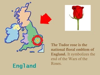 The Tudor rose is the
          national floral emblem of
          England. It symbolizes the
          end of the Wars of the
          Roses.
England
 
