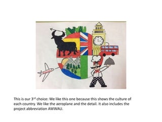 This is our 3rd choice: We like this one because this shows the culture of
each country. We like the aeroplane and the detail. It also includes the
project abbreviation AWWAU.
 