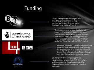 Funding
The BFI often provides funding for British
films. They provide money to help
promote less-known films and works
closely with the UK Film Council.
This is government funding that helps with
promotion, production, development and
distribution. It helps get small films into film
festivals and art houses and helps make the
non-mainstream films more accessible to an
audience. This is often a British film’s lifeline.
Most well known for TV, these companies have
produced several British films. They provide
funding and promotion and make small films
bigger. They often advertise cheaply through
their own channel and promotional bases.
Smaller production companies provide
equipment and funding for British film makers
and helps make the film a big success. Often
receiving funding from ‘The Big Six’ that often
own them.

 