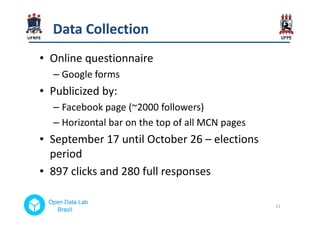 • Online questionnaire
– Google forms
• Publicized by:
– Facebook page (~2000 followers)
DataData CollectionCollection
Fac...