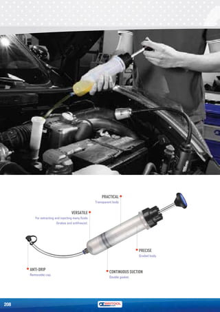 208
PRECISE
Graded body.
PRACTICAL
Transparent body
CONTINUOUS SUCTION
Double gasket.
VERSATILE
For extracting and injecting many ﬂuids
(brakes and antifreeze).
ANTI-DRIP
Removable cap.
 