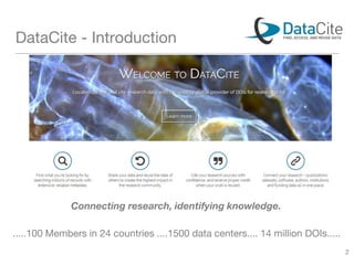 DataCite - Introduction
.....100 Members in 24 countries ....1500 data centers.... 14 million DOIs.....
Connecting research, identifying knowledge.
2
 