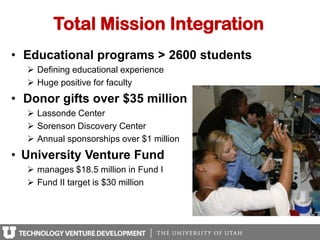 Total Mission Integration
• Educational programs > 2600 students
   Defining educational experience
   Huge positive for faculty
• Donor gifts over $35 million
   Lassonde Center
   Sorenson Discovery Center
   Annual sponsorships over $1 million
• University Venture Fund
   manages $18.5 million in Fund I
   Fund II target is $30 million
 