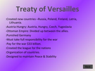 Treaty of Versailles :Created new countries –Russia, Poland, Finland, Latria, Lithuania.  :Austria-Hungry: Austria, Hungry, Czech, Yugoslavia -Ottoman Empire: Divided up between the allies. :Punished Germany -Must take full responsibility for the war -Pay for the war $33 billion. :Created the league for the nations :Organization of countries. :Designed to maintain Peace & Stability  Back 