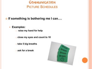 CommunicationPicture SchedulesIf something is bothering me I can….Examples: raise my hand for helpclose my eyes and count to 10take 5 big breathsask for a break
