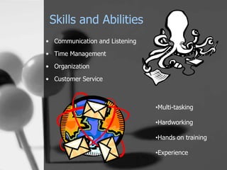 Skills and Abilities
• Communication and Listening
• Time Management
• Organization

• Customer Service



                                •Multi-tasking

                                •Hardworking

                                •Hands on training

                                •Experience
 