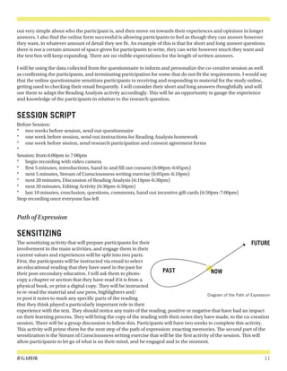 B GARUK 11
out very simple about who the participant is, and then move on towards their experiences and opinions in longer
answers. I also find the online form successful is allowing participants to feel as though they can answer however
they want, in whatever amount of detail they see fit. An example of this is that for short and long answer questions
there is not a certain amount of space given for participants to write, they can write however much they want and
the text box will keep expanding. There are no visible expectations for the length of written answers.
I will be using the data collected from the questionnaire to inform and personalize the co-creative session as well
as confirming the participants, and terminating participation for some that do not fit the requirements. I would say
that the online questionnaire sensitizes participants to receiving and responding to material for the study online,
getting used to checking their email frequently. I will consider their short and long answers thoughtfully and will
use them to adapt the Reading Analysis activity accordingly. This will be an opportunity to gauge the experience
and knowledge of the participants in relation to the research question.
SESSION SCRIPT
Before Session:
*	 two weeks before session, send out questionnaire
*	 one week before session, send out instructions for Reading Analysis homework
*	 one week before sission, send research participation and consent agreement forms
*	
Session: from 6:00pm to 7:00pm
*	 begin recording with video camera
*	 first 5 minutes, introductions, hand in and fill out consent (6:00pm-6:05pm)
*	 next 5 minutes, Stream of Consciousness writing exercise (6:05pm-6:10pm)
*	 next 20 minutes, Discussion of Reading Analysis (6:10pm-6:30pm)
*	 next 20 minutes, Editing Activity (6:30pm-6:50pm)
*	 last 10 minutes, conclusion, questions, comments, hand out incentive gift cards (6:50pm-7:00pm)
Stop recording once everyone has left
Path of Expression
SENSITIZING
The sensitizing activity that will prepare participants for their
involvement in the main activities, and engage them in their
current values and experiences will be split into two parts.
First, the participants will be instructed via email to select
an educational reading that they have used in the past for
their post-secondary education. I will ask them to photo-
copy a chapter or section that they have read if it is from a
physical book, or print a digital copy. They will be instructed
to re-read the material and use pens, highlighters and/
or post it notes to mark any specific parts of the reading
that they think played a particularly important role in their
experience with the text. They should notice any traits of the reading, positive or negative that have had an impact
on their learning process. They will bring the copy of the reading with their notes they have made, to the co-creation
session. There will be a group discussion to follow this. Participants will have two weeks to complete this activity.
This activity will prime them for the next step of the path of expression: enacting memories. The second part of the
sensitization is the Stream of Consciousness writing exercise that will be the first activity of the session. This will
allow participants to let go of what is on their mind, and be engaged and in the moment.
PAST
FUTURE
NOW
Diagram of the Path of Expression
 