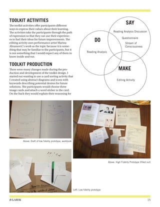 B GARUK 15
TOOLKIT ACTIVITIES
The toolkit activities offer participants different
ways to express their values about their learning.
The activities take the participants through the path
of expression so that they can use their experienc-
es to fuel their ideas for future improvements. The
editing activity uses performance artist Marina
Abramović’s work as the topic because it is some-
thing that may be familiar to the participants, but it
is not something that I would expect any of them to
know inside and out.
TOOLKIT PRODUCTION
There were many changes made during the pro-
duction and development of the toolkit design. I
started out wanting to use a card sorting activity that
I created using abstract diagrams and icons with
keywords describing potential desires for future
solutions. The participants would choose three
image cards and attach a word sticker to the card.
On the back they would explain their reasoning for
SAY
DO
MAKE
Reading Analysis
Reading Analysis Discussion
Editing Activity
Questionnaire
Stream of
Consciousness
Above: High Fidelity Prototype (filled out)
Above: Draft of low fidelity prototype, workbook
Left: Low fidelity prototype
 