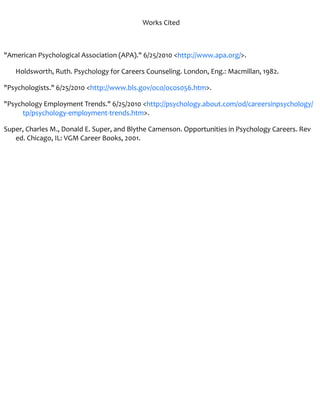 Works Cited 

                                                   

"American Psychological Association (APA)." 6/25/2010 <http://www.apa.org/>. 

    Holdsworth, Ruth. Psychology for Careers Counseling. London, Eng.: Macmillan, 1982. 

"Psychologists." 6/25/2010 <http://www.bls.gov/oco/ocos056.htm>. 

"Psychology Employment Trends." 6/25/2010 <http://psychology.about.com/od/careersinpsychology/
     tp/psychology‐employment‐trends.htm>. 

Super, Charles M., Donald E. Super, and Blythe Camenson. Opportunities in Psychology Careers. Rev 
   ed. Chicago, IL: VGM Career Books, 2001. 

 
 