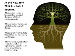 At the New York
2012 Institute I
hope to..
Gain insight on how to
leverage ideas for social
change as vehicles for
economic growth.

Create lasting relationships
with fellow champions for
change.

Receive valuable knowledge
that will help me increase my
social impact.

Stir my creativity in the field
of social innovation by
exploring new ideas for social
entrepreneurship and
intrapreneurship.
 