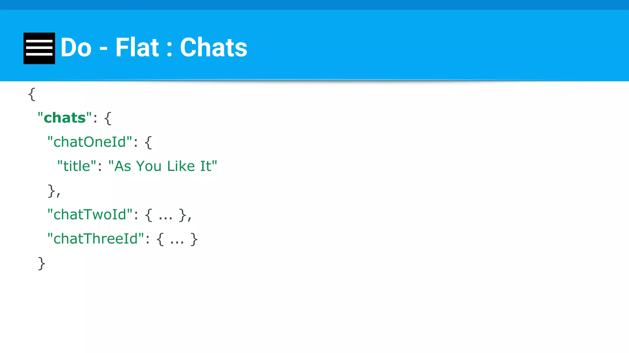 Do - Flat : Chats
{
"chats": {
"chatOneId": {
"title": "As You Like It"
},
"chatTwoId": { ... },
"chatThreeId": { ... }
}
 