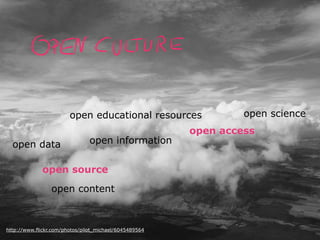 open educational resources
open data

open information

open source
open content

http://www.flickr.com/photos/pilot_michael/6045489564

open science

open access

 