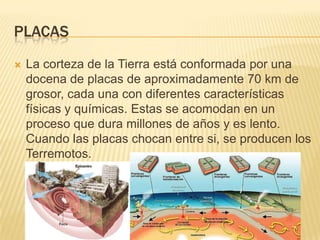 PLACAS
La corteza de la Tierra está conformada por una
docena de placas de aproximadamente 70 km de
grosor, cada una con diferentes características
físicas y químicas. Estas se acomodan en un
proceso que dura millones de años y es lento.
Cuando las placas chocan entre si, se producen los
Terremotos.