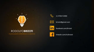 11 97657.0390
facebook.com/brizoti
brizoti@gmail.com
linkedin.com/in/brizoti
RODOLFOBRIZOTI
PLANEJAMENTO ESTRATÉGICO E CRIATIVO
 